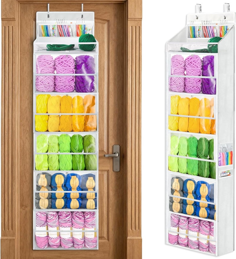 Yncotte Yarn Storage Organizer, Yarn Holder Over the Door Hanging Crochet Kit Storage with 5 Zippered Compartments, Large Capacity Sewing Organizer Gifts for Knitters Needles Storage Crochet Hooks - Image 1
